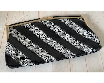 Vintage 1980s Faux Leather Clutch Bag Faux Snakeskin Handbag Black White Clutch Bag Retro Handbag Large Purse Gift for Her