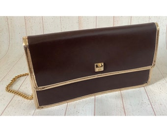 Vintage 1970s Small Brown Gold Shoulder Bag Faux Leather Handbag Retro Clutch Bag Goldtone Chain Shoulder Strap Large Purse Envelope Bag