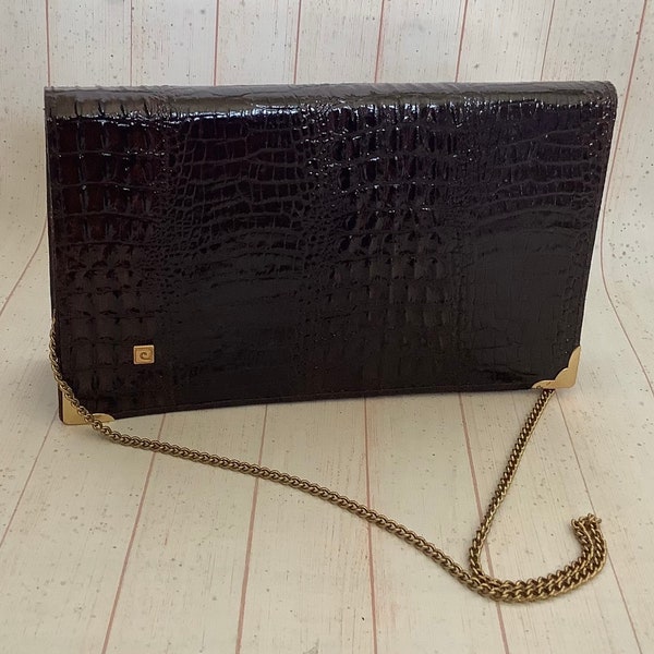 Vintage 1970s Pierre Cardin Brown Shoulder Bag Retro Crocodile Leather Clutch Bag Envelope Handbag Large Purse