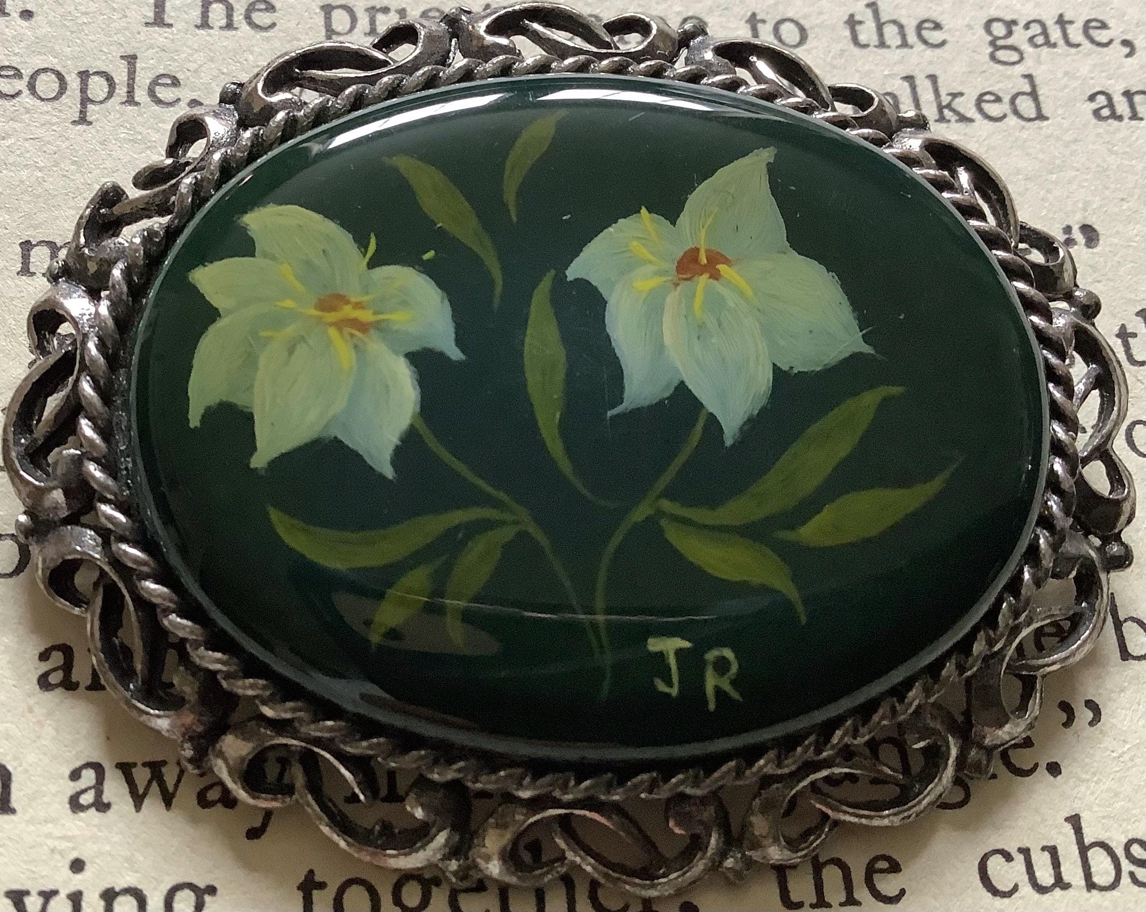 Vintage 1950s Green Floral Brooch Retro Oval Handpainted