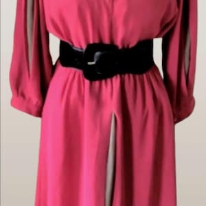 May include: A long-sleeved pink dress with a black belt and a slit in the front. The dress has a collar and a button-up front.