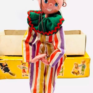 Vintage 1960s Pelham Puppet Clown: Handmade Wooden Toy with Original Box