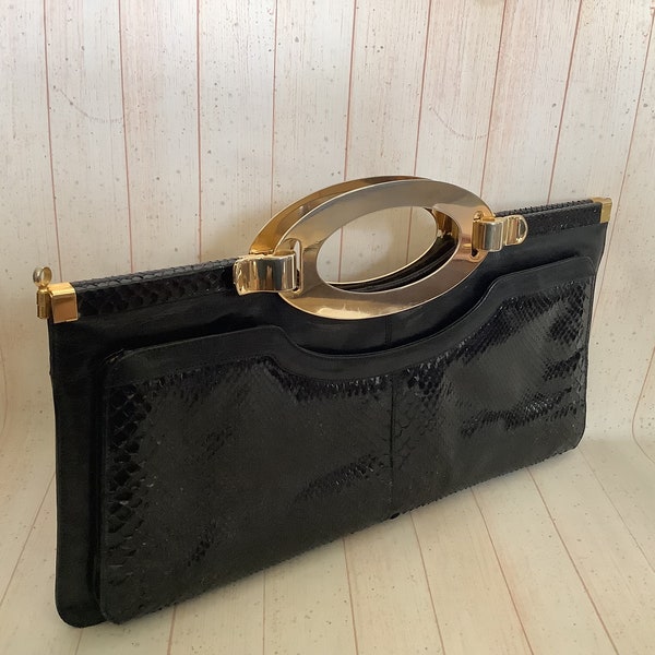 Vintage 1970s Bisanti Black Faux Leather Top Handle Bag Retro Faux Snakeskin Handbag Long Bag Goldtone Oval Handles Bag