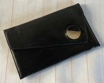 Vintage 1980s Black Clutch Bag Retro Faux Leather Mod Style Handbag Casual Occasion Envelope Bag Gift for Her