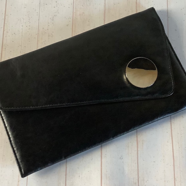 Vintage 1980s Black Clutch Bag Retro Faux Leather Mod Style Handbag Casual Occasion Envelope Bag Gift for Her
