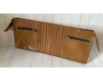 Vintage 1960s Light Brown Clutch Bag, Real Leather Handbag, Retro Large Purse, Statement Bag, Made in England, Gift for Her