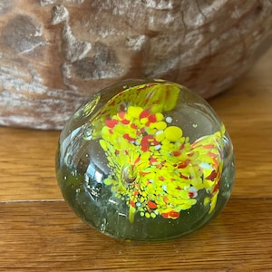 Vintage 1950s Glass Paperweight: Mid-Century Yellow & Red Flower Decor