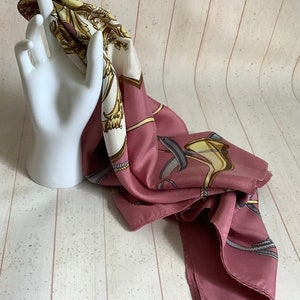 Vintage 1970s Equestrian Theme Scarf Pink and Gold Neckerchief Retro Headscarf Mid Century Headband Polyester Shoulder Wrap