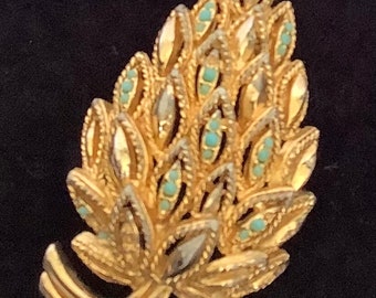 Vintage gran tono dorado basemetal broche retro falso turquesa pin mediados de siglo broche traje joyería regalo idea