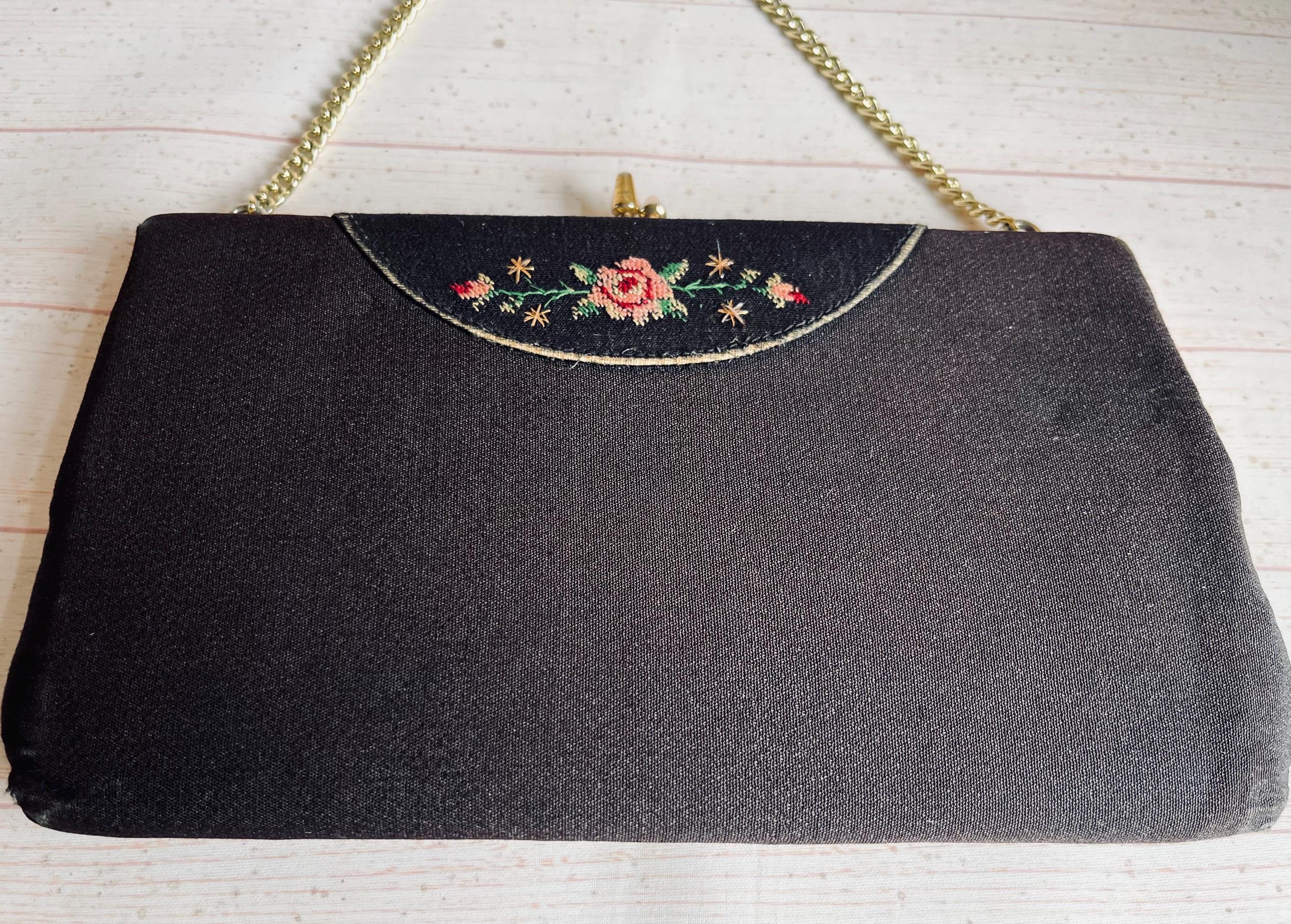 Vintage 1930s Small Black Petit Point Detail Handbag Retro