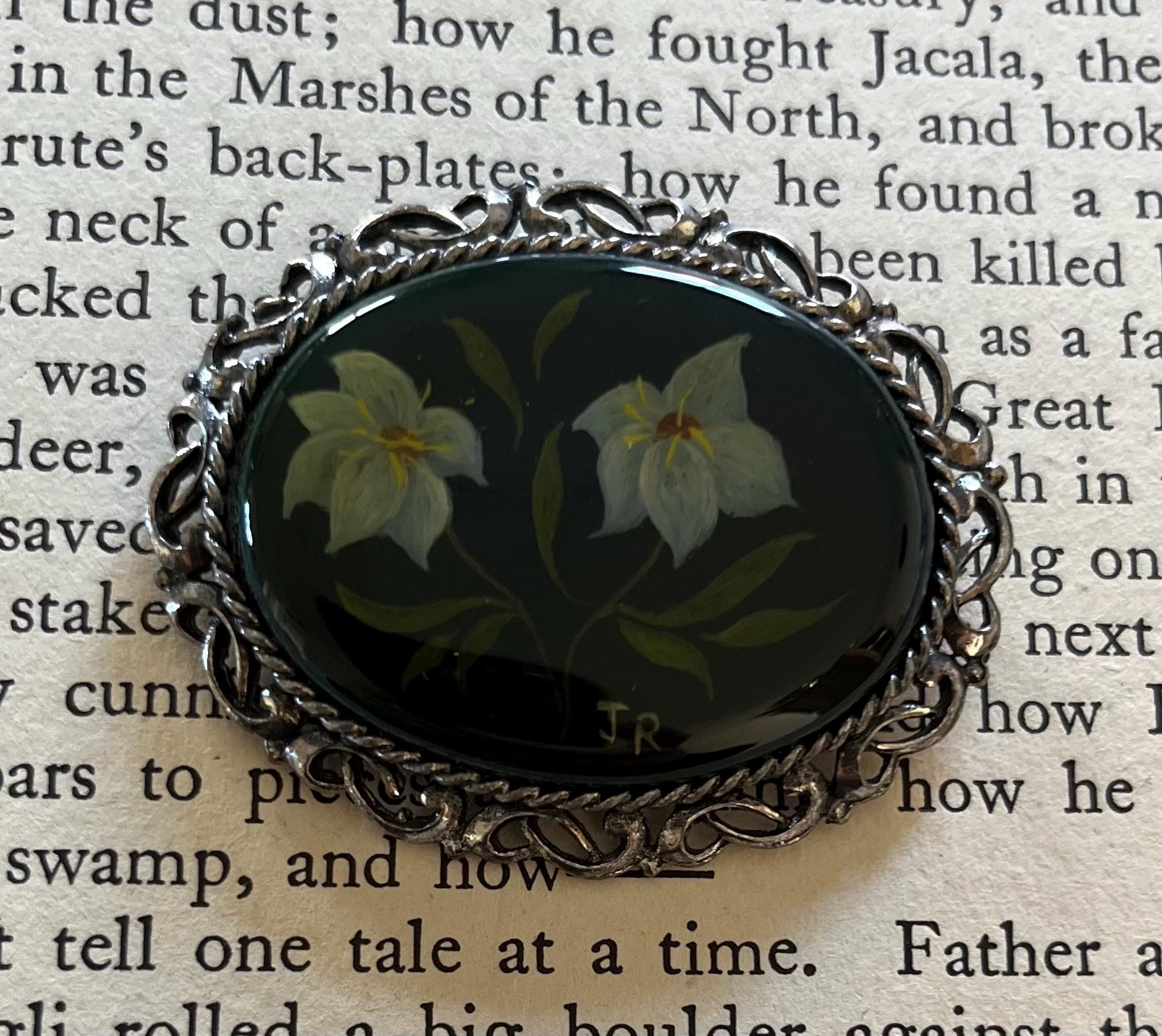 Vintage 1950s Green Floral Brooch Retro Oval Handpainted