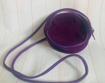 Vintage 1980s Purple Shoulder Bag Suedette Small Round Crossbody Pouch Bag Festival Boho Hippy Casual Handbag