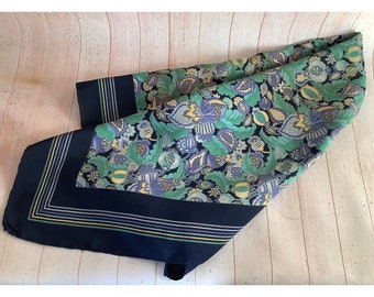 Vintage Scarf Floral Navy Green Neckerchief Retro Headscarf Mid Century Headband Shoulder Wrap