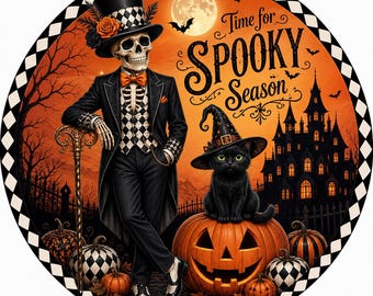 Time for Spooky season skeleton with cat round aluminum sign.