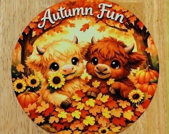 Autumn Fun with Highland cows playing in a pile of leaves.