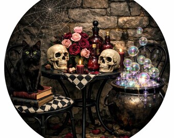 Eerie dining with black cat and cauldron round aluminum sign.