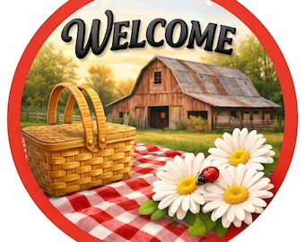 Round Aluminum Welcome Sign featuring a cozy picnic blanket and barn