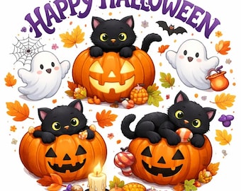 Black kittens with jack-o-lanterns playing around for Halloween sign
