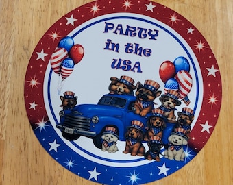 8" Round Aluminum "Party in the USA" with Dogs in blue classic truck sign.