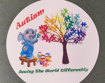 8" Round Metal Autism Wreath Sign "Seeing The World Differently" Elephant