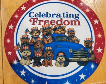 8" Round Aluminum "Celebrating Freedom" with Dogs in blue classic truck sign.
