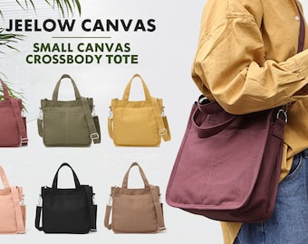 Jeelow Small 16oz Canvas Tote Crossbody Bags Purse Handbag For Women Adjustable Strap Front Pockets Zipper Closure