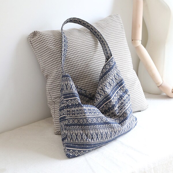 Jeelow Cotton Canvas Tote Shoulder Bag Purse Bohemian Gypsy Blue Pattern Lightweight Snap Closure Zipper Pocket