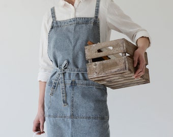 Jeelow Stylish Denim Bib Apron - Cotton Kitchen, Cooking, Gardening Cross-Back Dress with Pockets for Women & Men