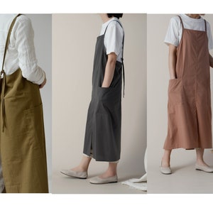 Jeelow Oversize Cotton Cooking Kitchen Garden Bib Apron Dress For Men Women With Pockets Front Split Japanese Style Unisex