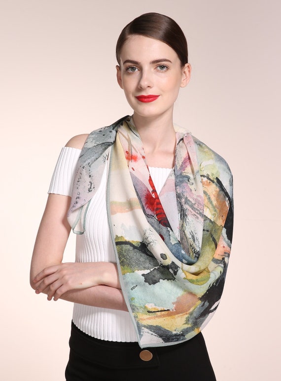 Multicolor silk scarf  silk oblong scarf women  silk shawl  geometric print  lightweight scarf  spring summer scarf  women scarves