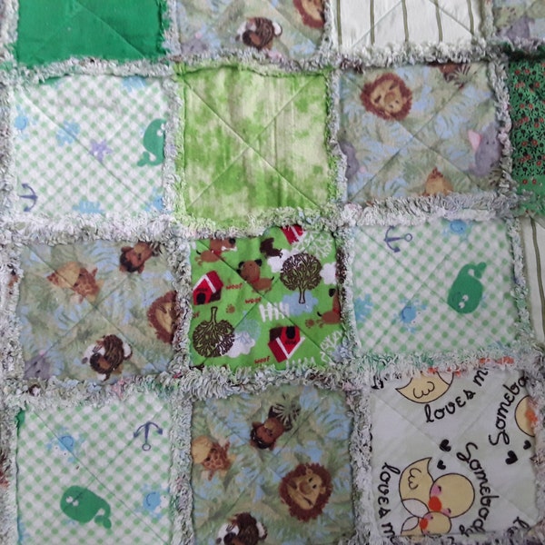 Handmade green baby rag quilt 46 x 44 inches