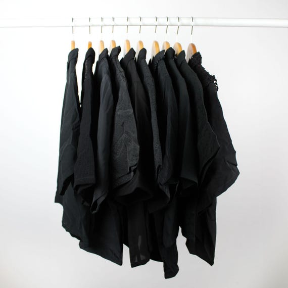 Mystery Cropped Black Vintage Button Up Blouse Reworked, Basics, Goth, Grunge, Staple, Neutral, Women