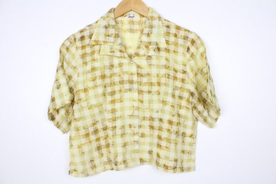 Yellow Check Cropped Short Sleeve Button Up Blouse