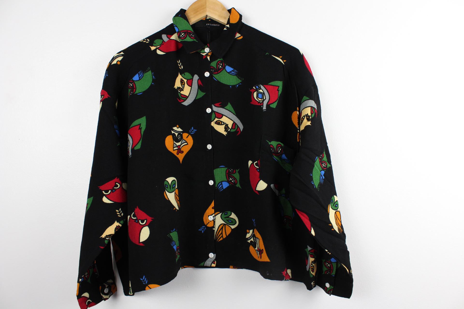 Owl Characters Cropped Vintage Button Up, Reworked Long Sleeve Blouse, Women&rsquo;s Retro Shirt