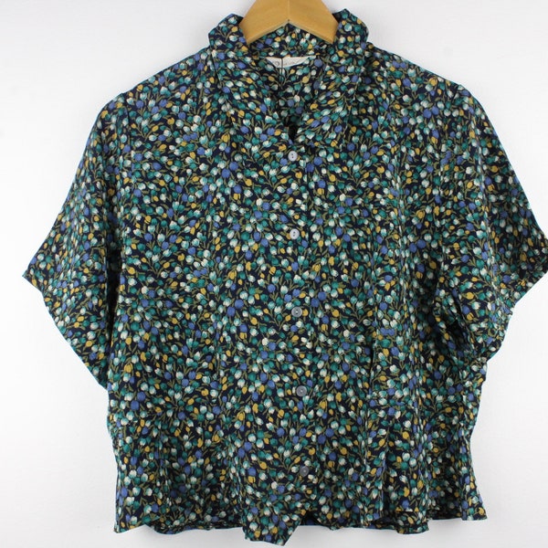 Tulip Pattern Vintage Short Sleeve Button Up Shirt Blouse