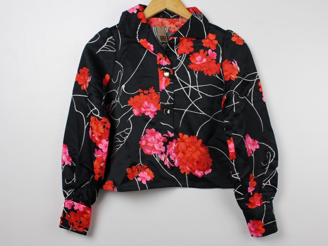 Vibrant Floral Cropped Vintage Long Sleeve Button up Shirt Blouse - Etsy