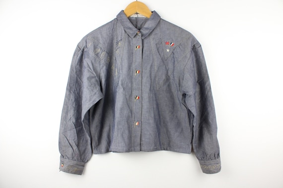 Grey Cropped Vintage Long Sleeve Button Up Blouse… - image 1