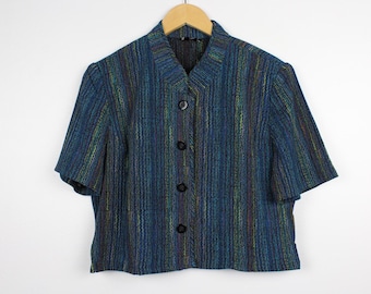Mock Collar Cropped Short Sleeve Button Up Blouse: Reworked 90s Vintage Crop Top M/L