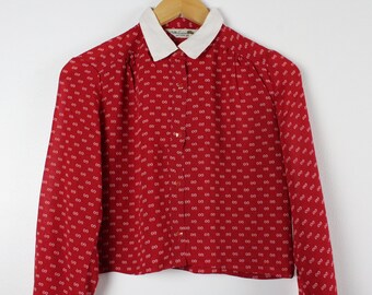 Bright Red Cropped Long Sleeve Button Up Blouse Reworked