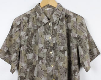 Earth Tone Abstract Vintage Short Sleeve Button Up Shirt Blouse Gender Neutral