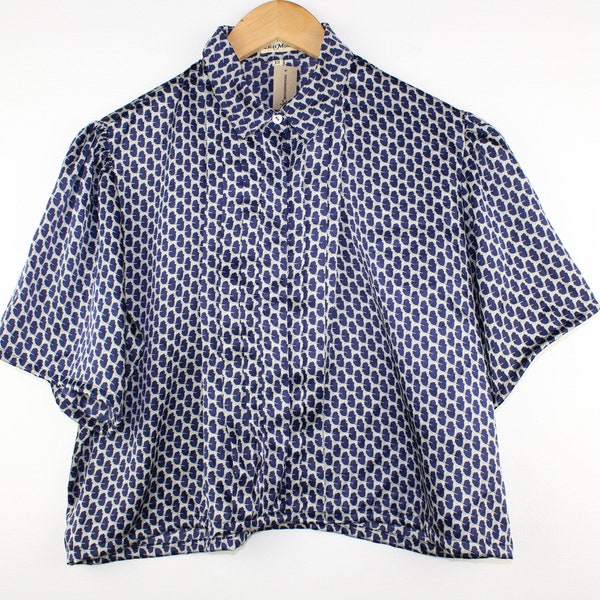 Geometric Blue Vintage Cropped Button Up, Pleated Button Strip, Short Sleeve Crop Top Blouse, 90's, Boxy Shirt, Women