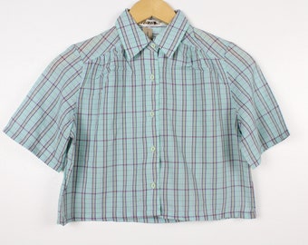 Luftige Blau Karierte Vintage Cropped Button Up Shirt Bluse überarbeitet