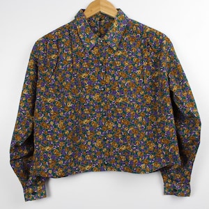 Floral Pattern Reworked Vintage Button Up Shirt - Cropped Long Sleeve Blouse Size L/XL