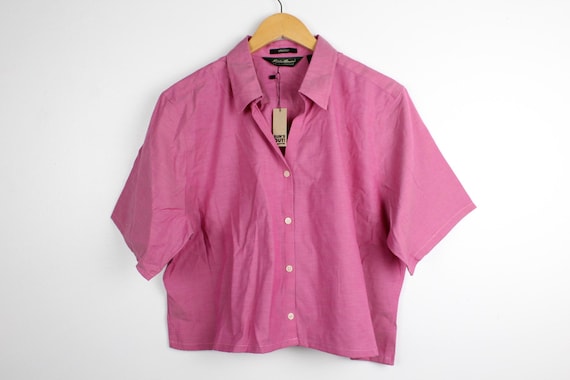 Eddie Bauer, Pink Eddie Bauer Short Sleeve Button Up Crop Top | Reworked Cropped 90s Vintage Blouse