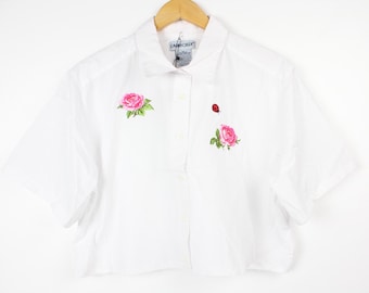 Floral 90&#39;s White Cropped Vintage Short Sleeve Button Up Shirt Blouse Reworked