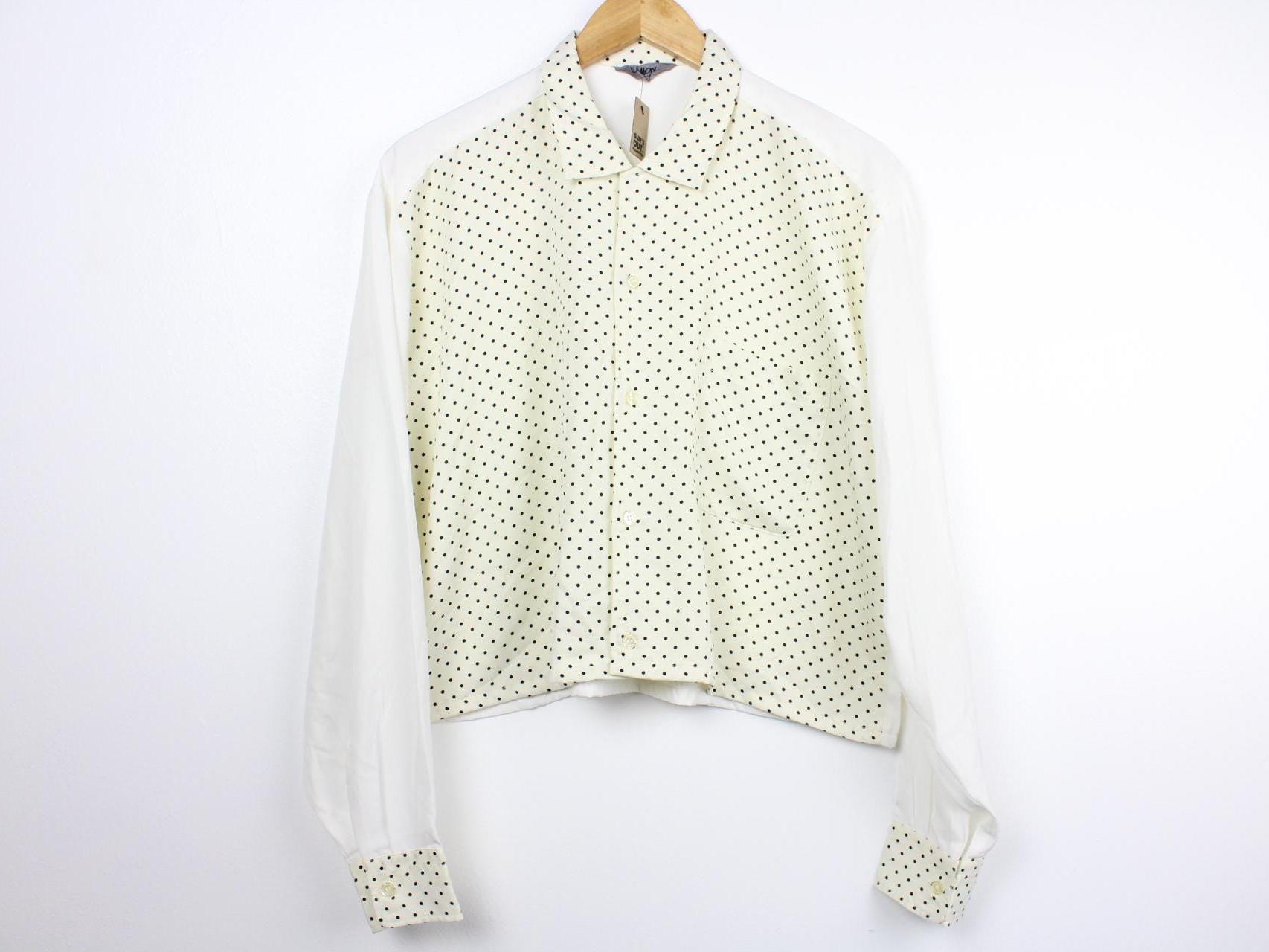 White and Cream Polka Dots Cropped Vintage Long Sleeve Button up