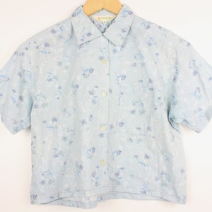 Light Blue Floral Cropped Short Sleeve Button Up Shirt Blouse Reworked