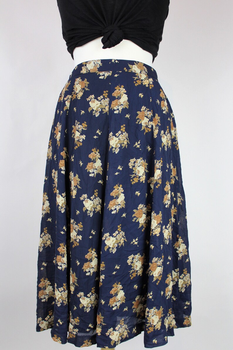 Size 0 High Waisted 28 Waist Navy Vintage Skirt Floral Small Midi