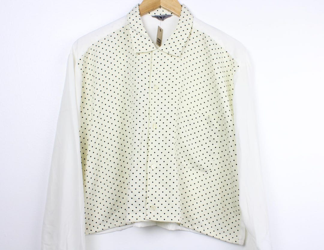 White and Cream Polka Dots Cropped Vintage Long Sleeve Button up