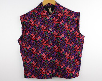 Vibrante floral reelaborado vintage sin mangas blusa recortada, mujeres, todos los géneros